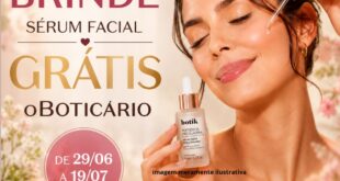Promoção de brinde grátis de sérum facial; mulher aplica serum com conta-gotas, cercada de flores, com texto Novo Brinde Grátis Botícario no anúncio.