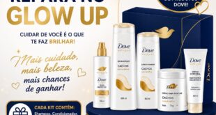 Promoção Dove: kit de cuidados capilares com shampoo, condicionador, creme para pentear, óleo nutritivo e sérum corporal em embalagem branca com detalhes dourados e base azul.