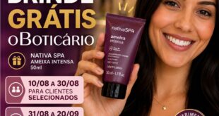Promoção: novo brinde grátis da linha Nativa Spa Ameixa Intensa (50ml); mulher sorrindo segura o produto roxo.