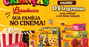 Promoção Bauducco Dia das Crianças 2026 com produtos Bauducco e Fini e distribuição de 3.200 ingressos de cinema para filmes infantis.